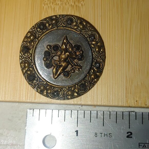 Antique Victorian Brass & Steel Button With Floral Design & Black Rhinestones - Picture 3 of 8